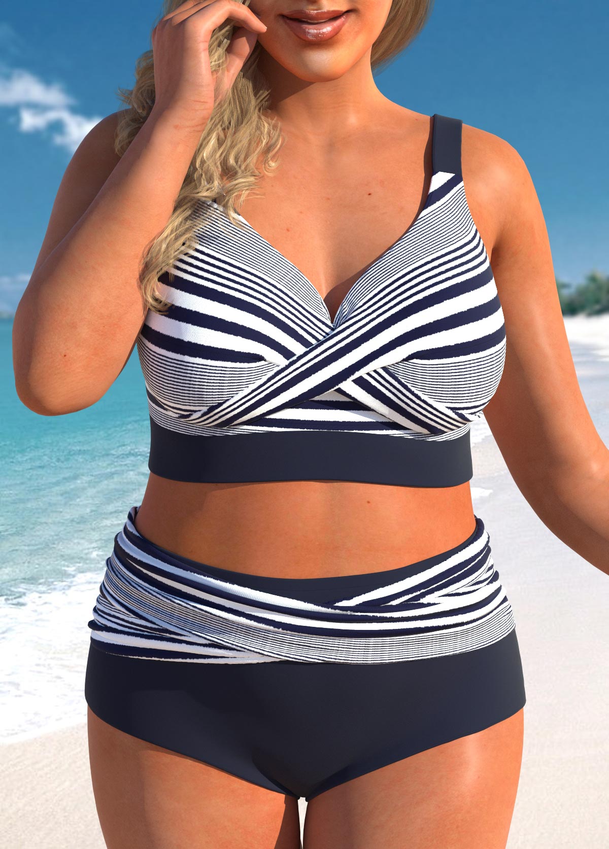 Navy Plus Size Striped Criss Cross Bikini Set