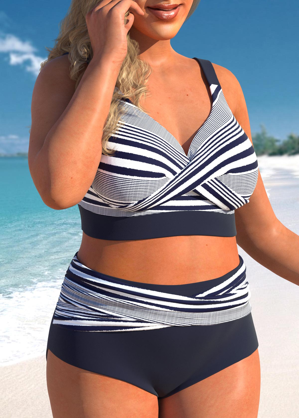 Navy Plus Size Striped Criss Cross Bikini Set