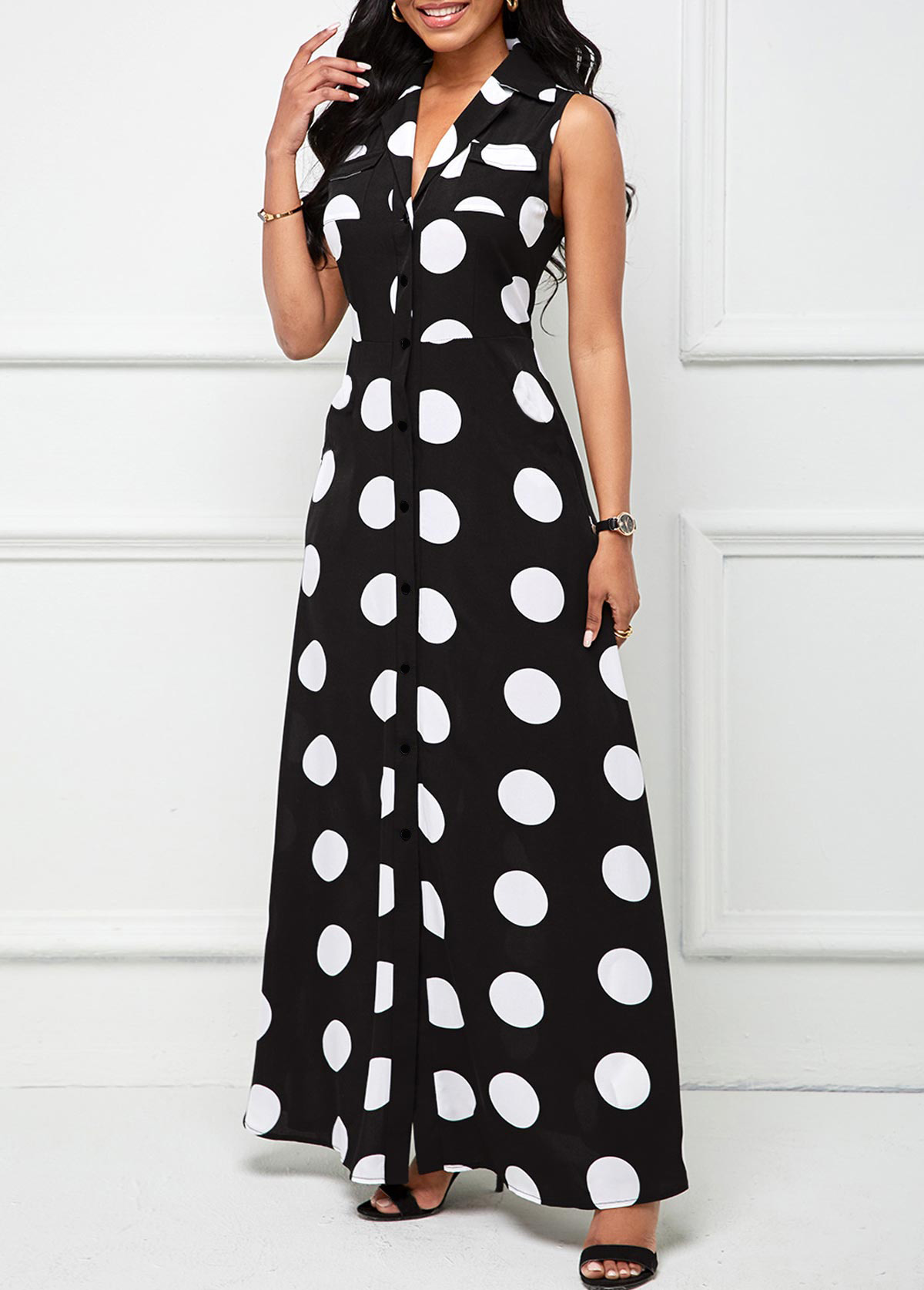 Polka Dot Button Black Lapel Sleeveless Maxi Dress | Rosewe.com - USD ...