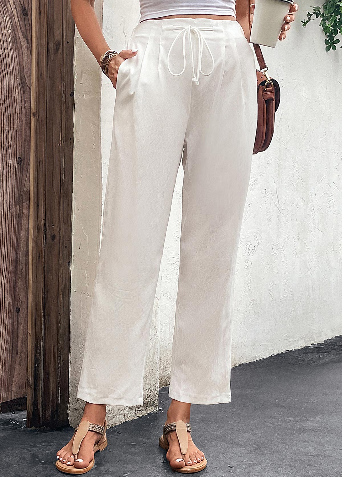 White Drawastring High Waisted Pocket Pants