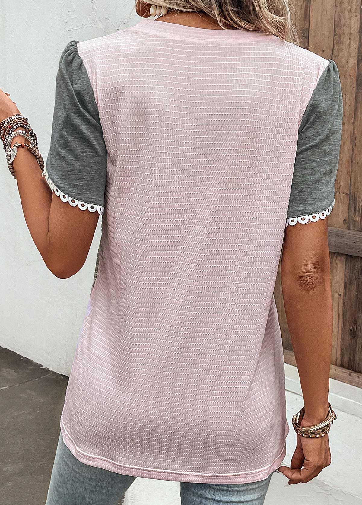 Patchwork Round Neck Short Sleeve Pink T Shirt