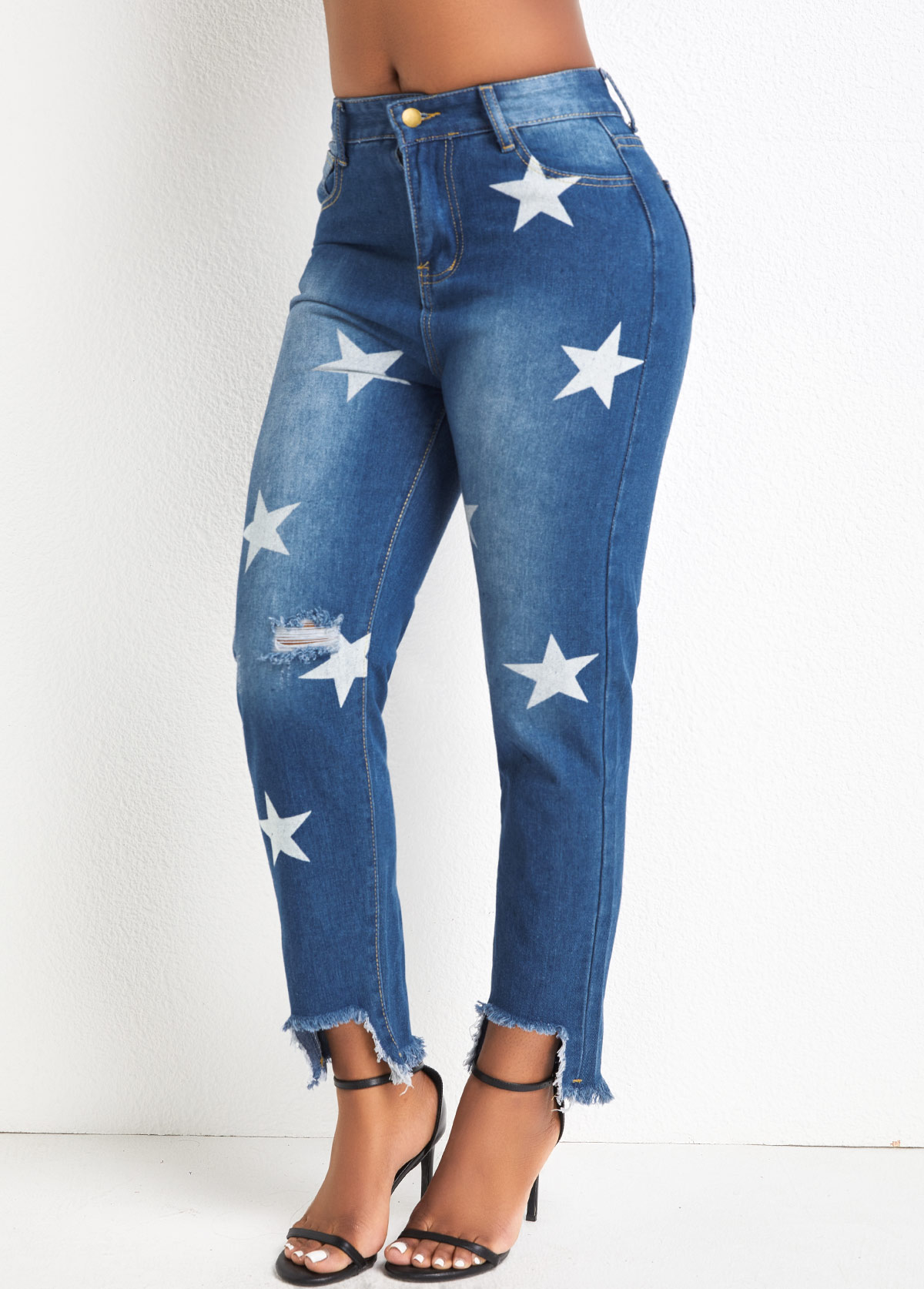 Star Print Pocket Denim Blue Regular Jeans