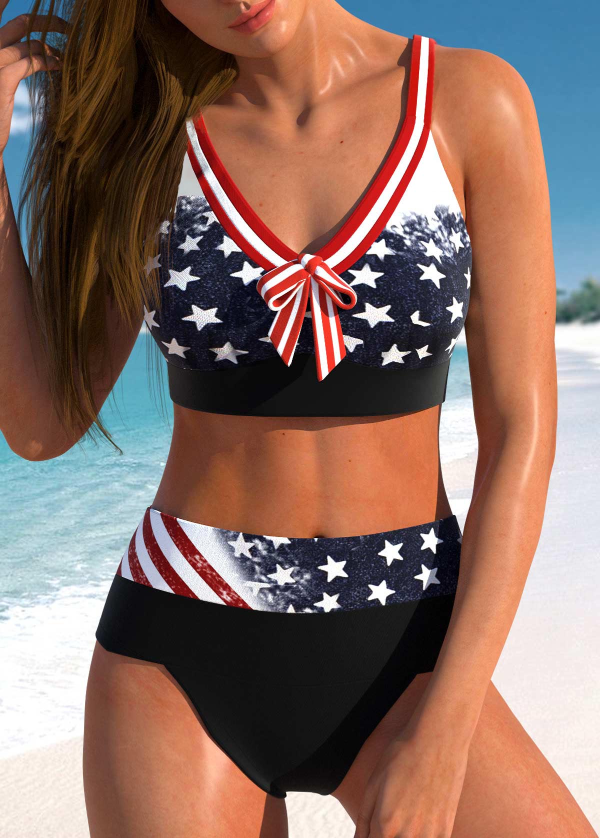 High Waisted American Flag Print Bowknot Bikini Set