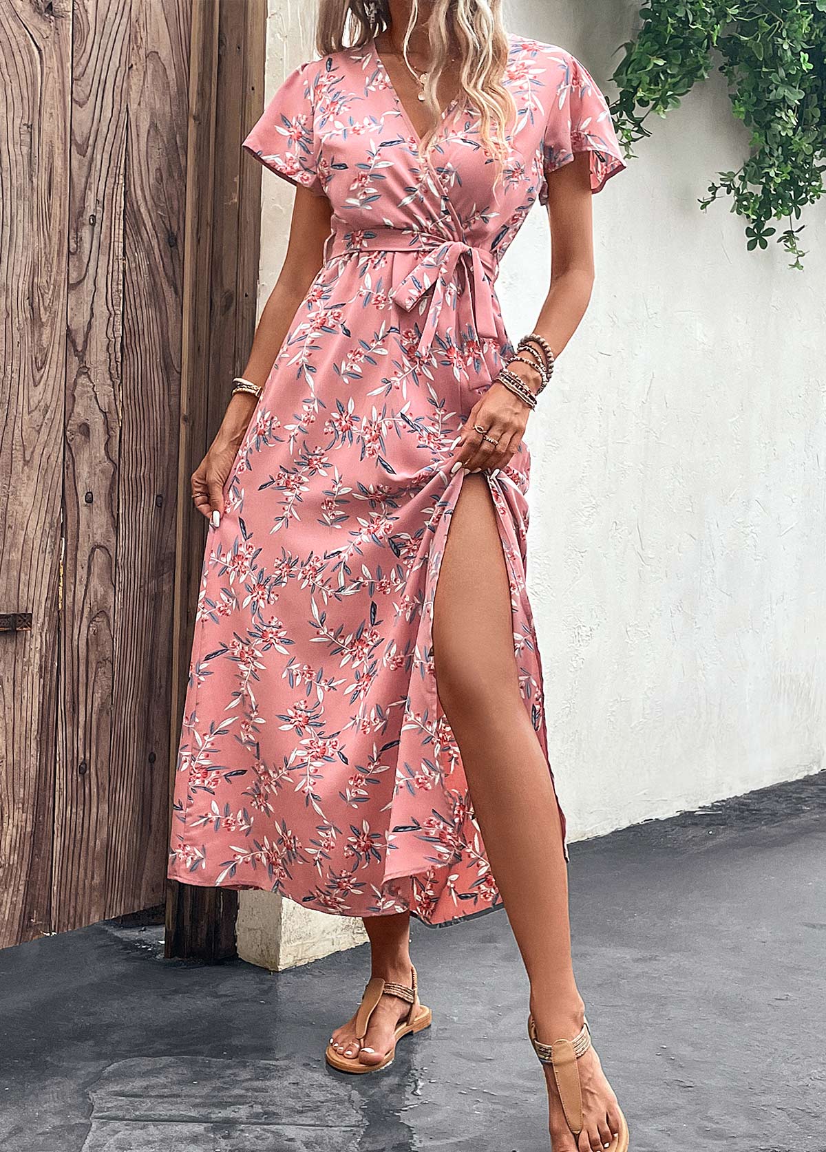 Leaf Print Split Belted Pink Maxi Dress