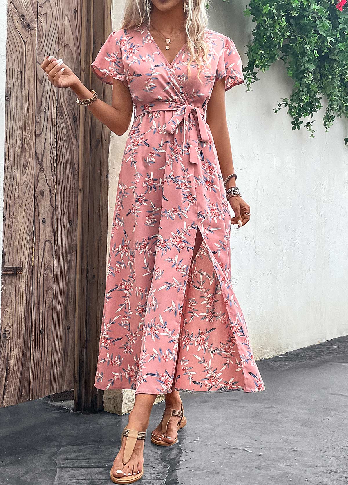 Leaf Print Split Belted Pink Maxi Dress