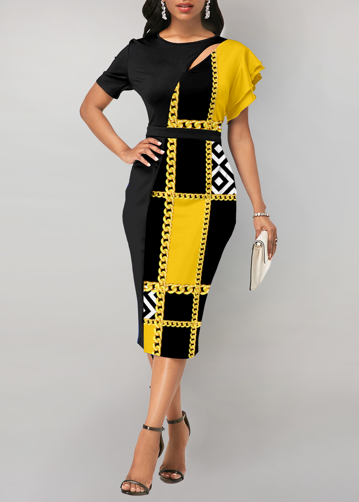 Geometric Print Cut Out Yellow Bodycon Dress
