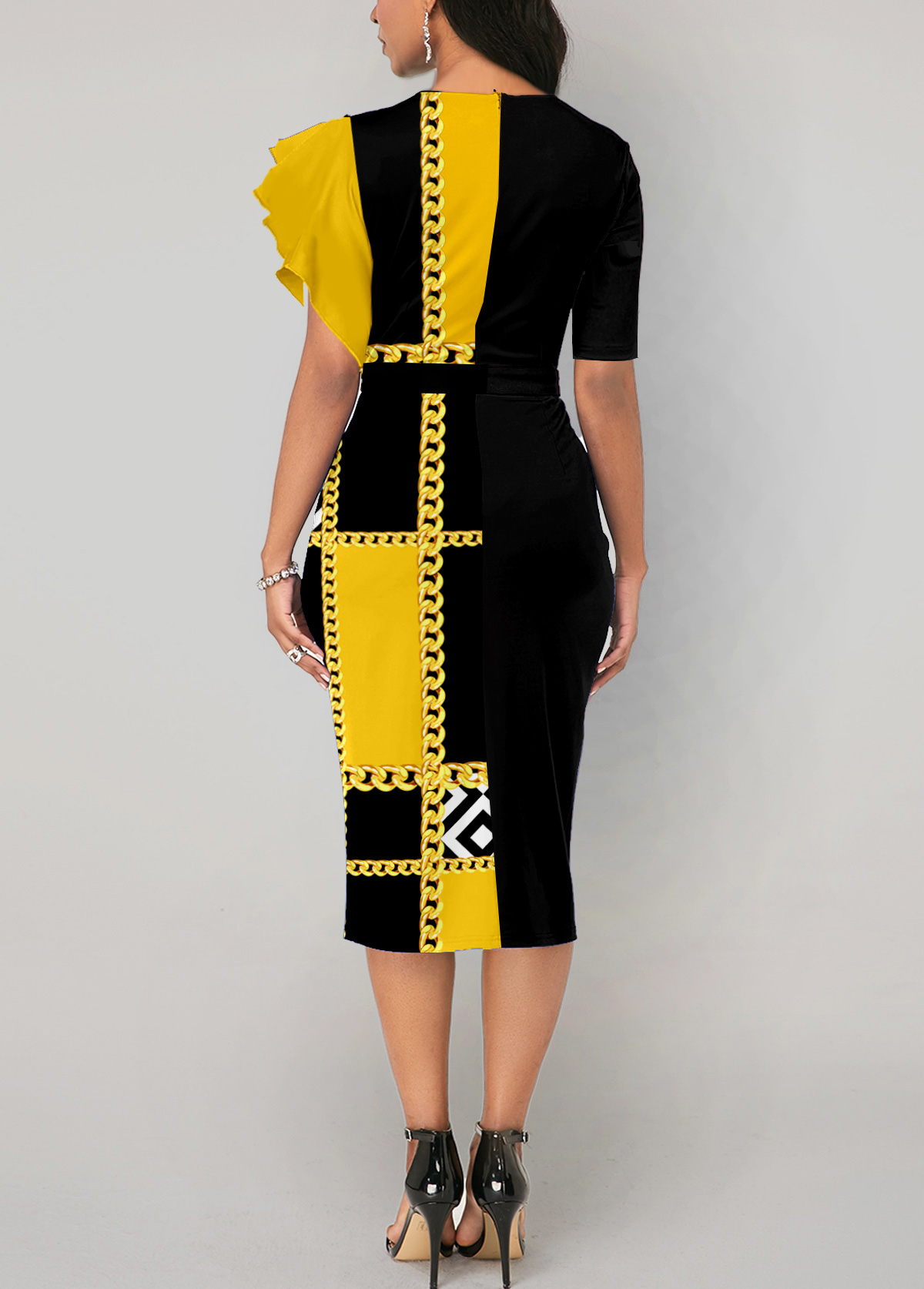 Geometric Print Cut Out Yellow Bodycon Dress