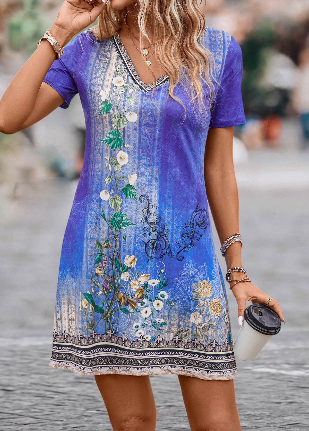 Floral Print Lightweight Purple Short V Neck Dress