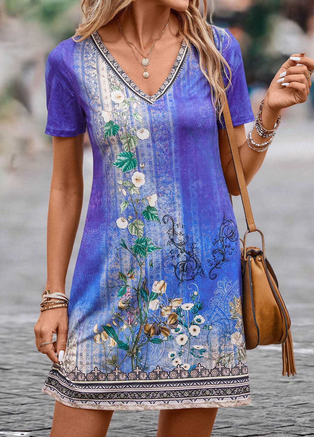 Floral Print Lightweight Purple Short V Neck Dress