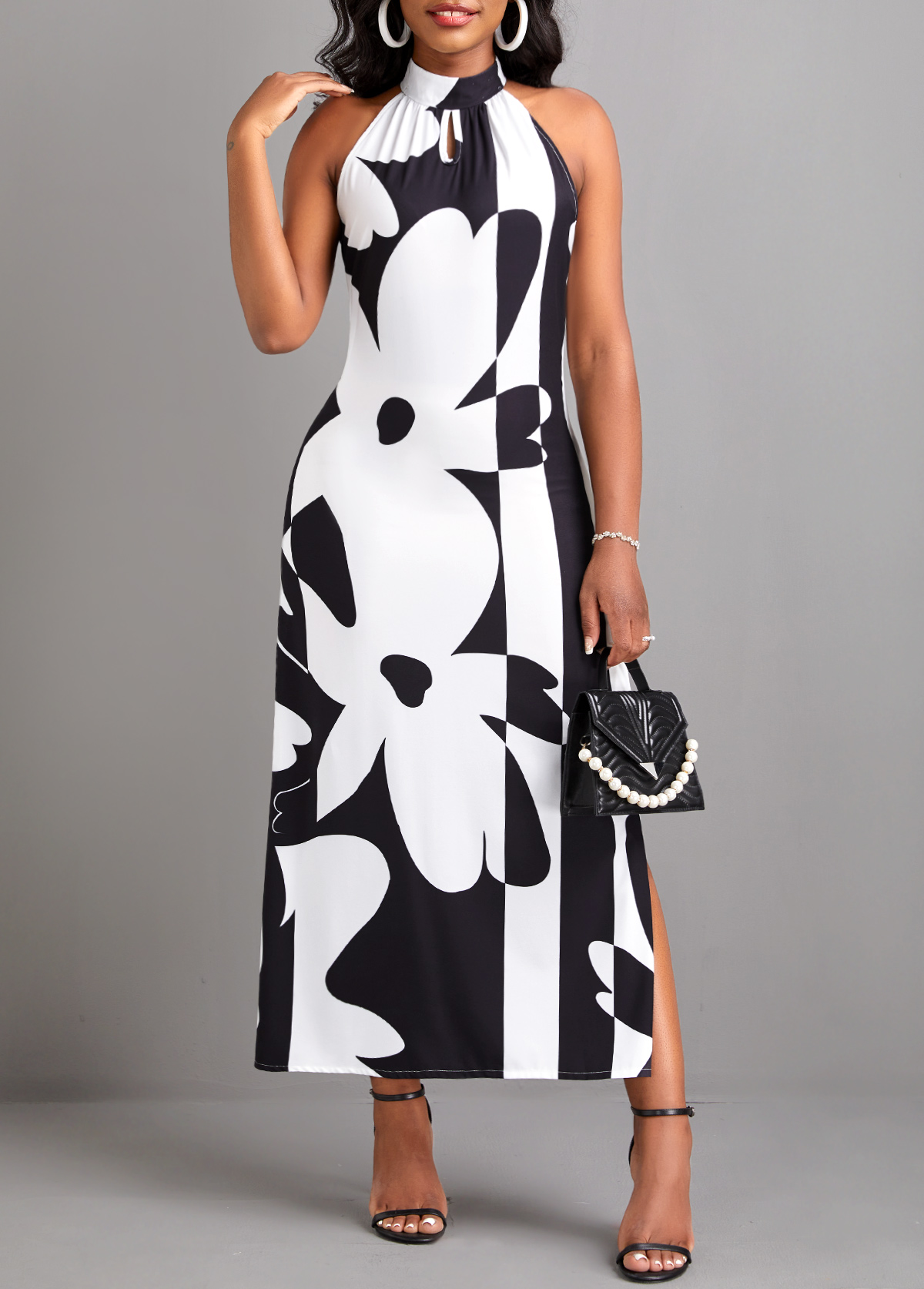 Floral Print Split Black A Line Maxi Dress
