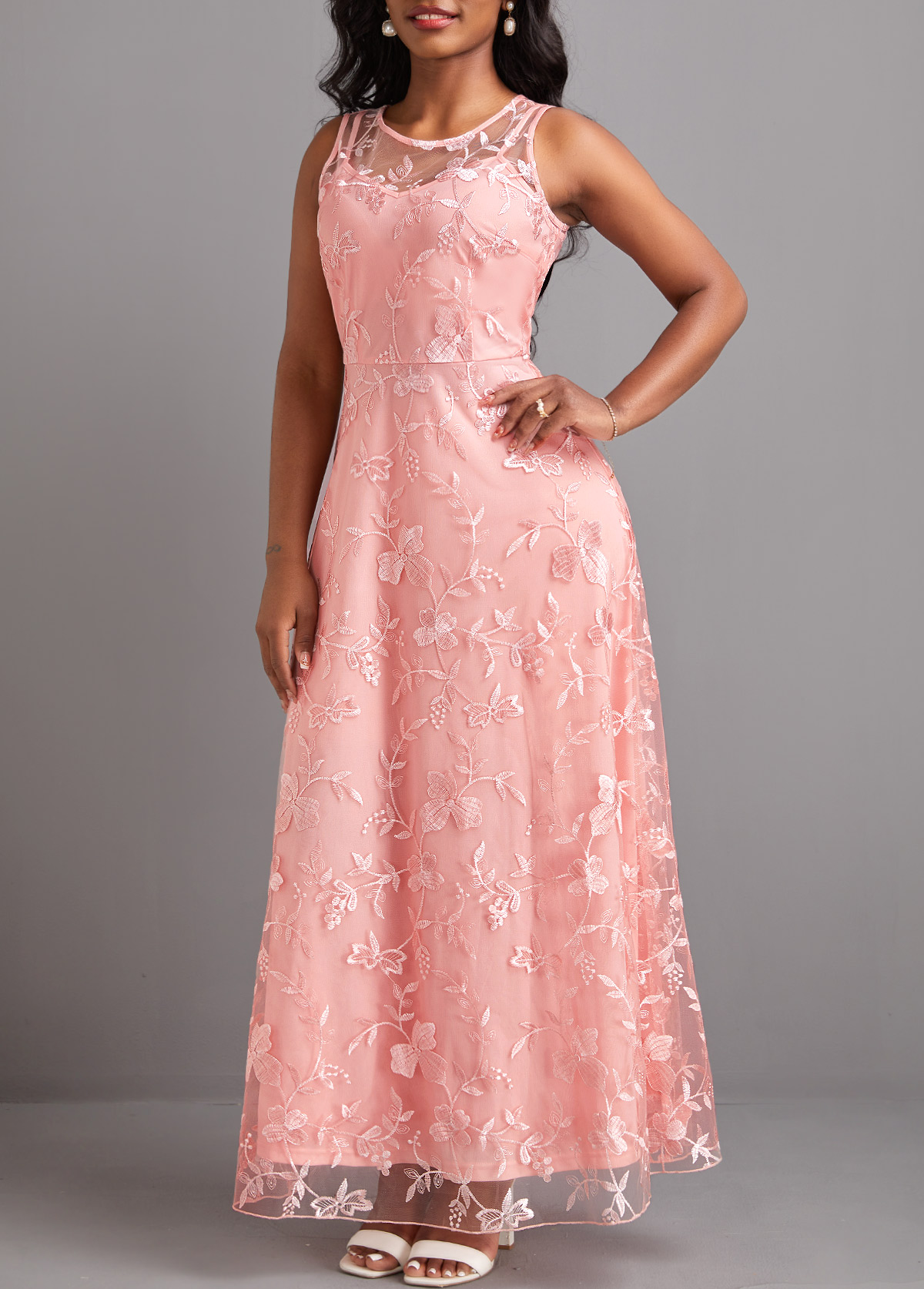 Sleeveless Lace Pink Round Neck Maxi Dress