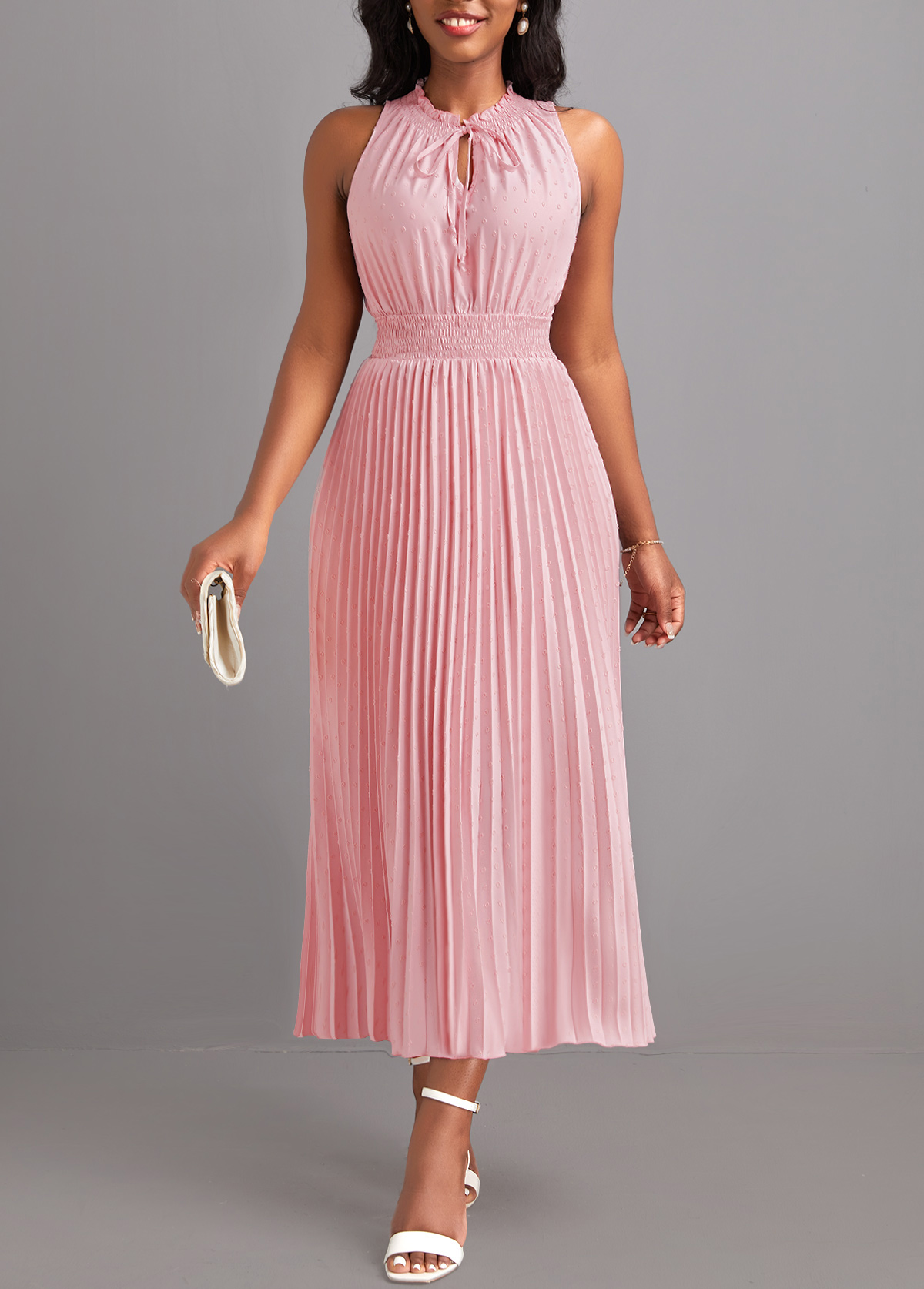 Light Pink Lace Up Collar Pleated Dress