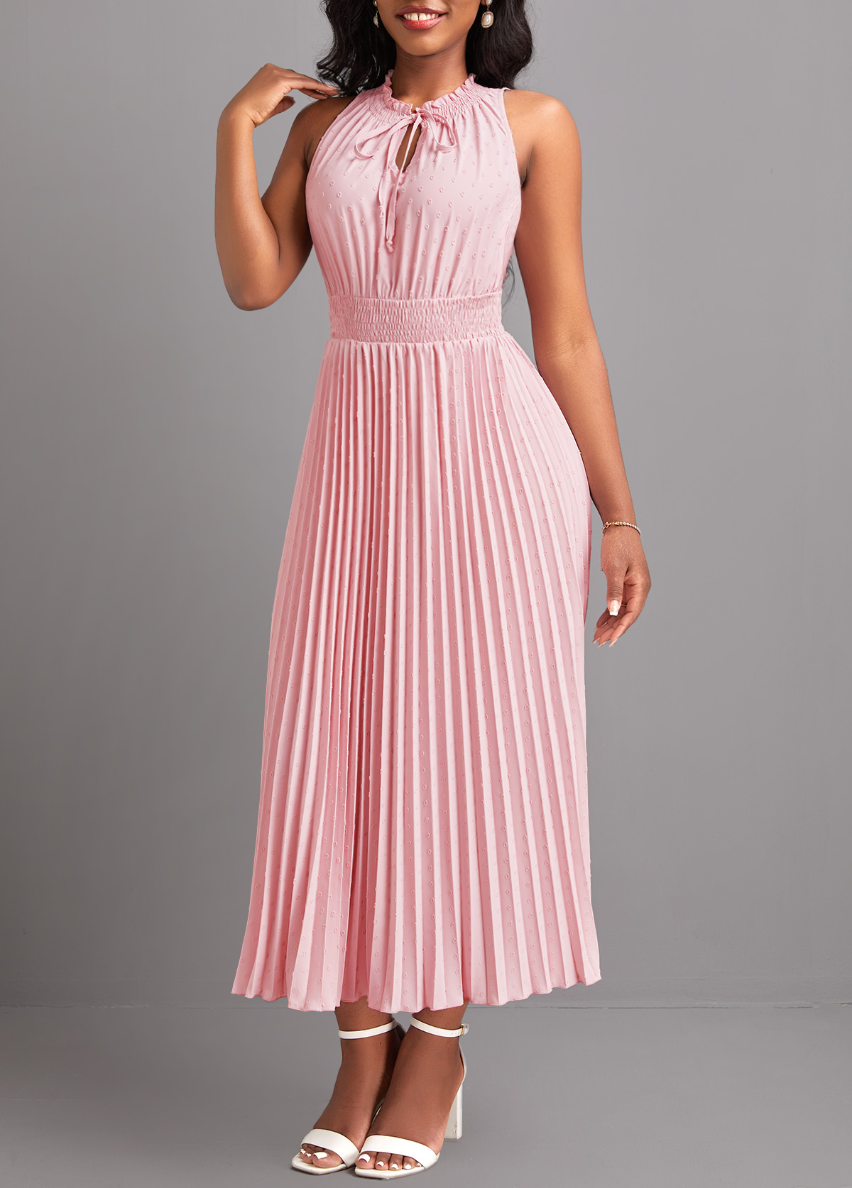 Light Pink Lace Up Collar Pleated Dress