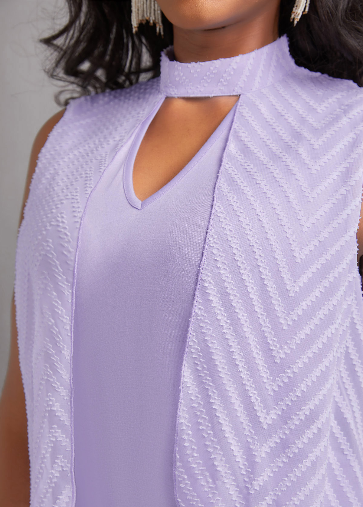 Stand Collar Cut Out Light Purple T Shirt