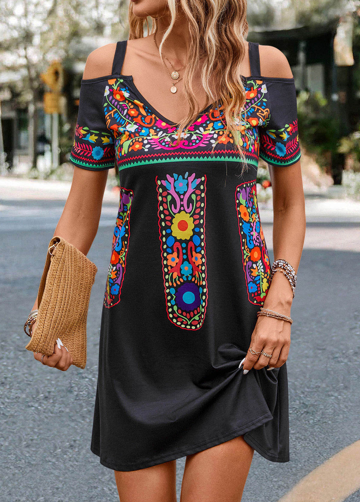 Tribal Print Cut Out Black Short Dress