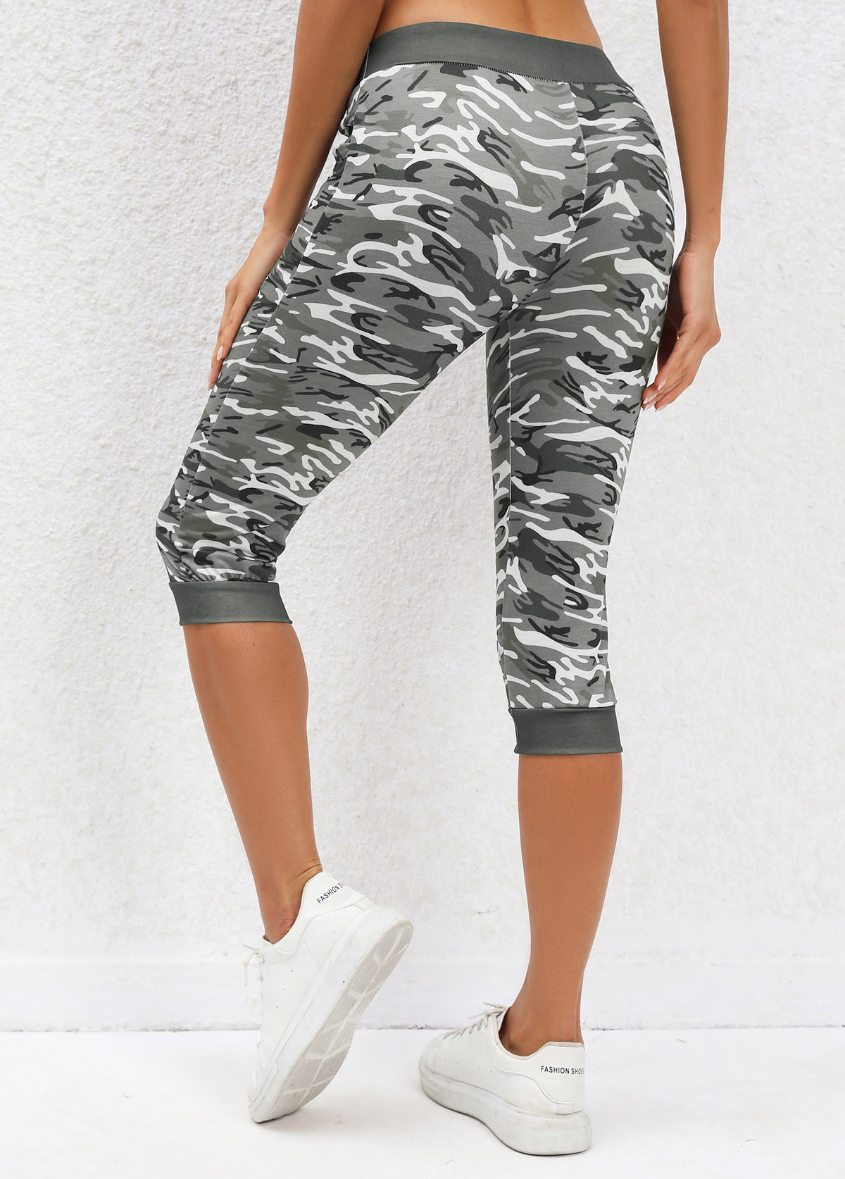 Camouflage Print Sage Green Drawastring Mid Waisted Leggings