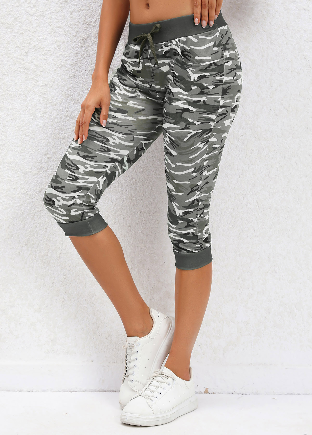 Camouflage Print Sage Green Drawastring Mid Waisted Leggings