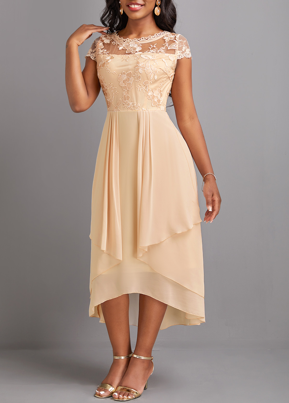Round Neck Lace Champagne High Low Dress