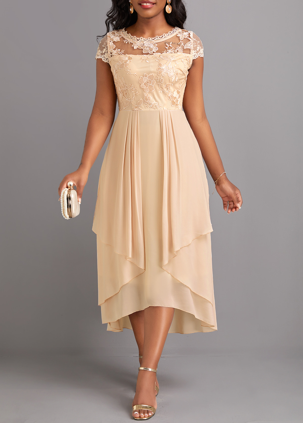 Round Neck Lace Champagne High Low Dress