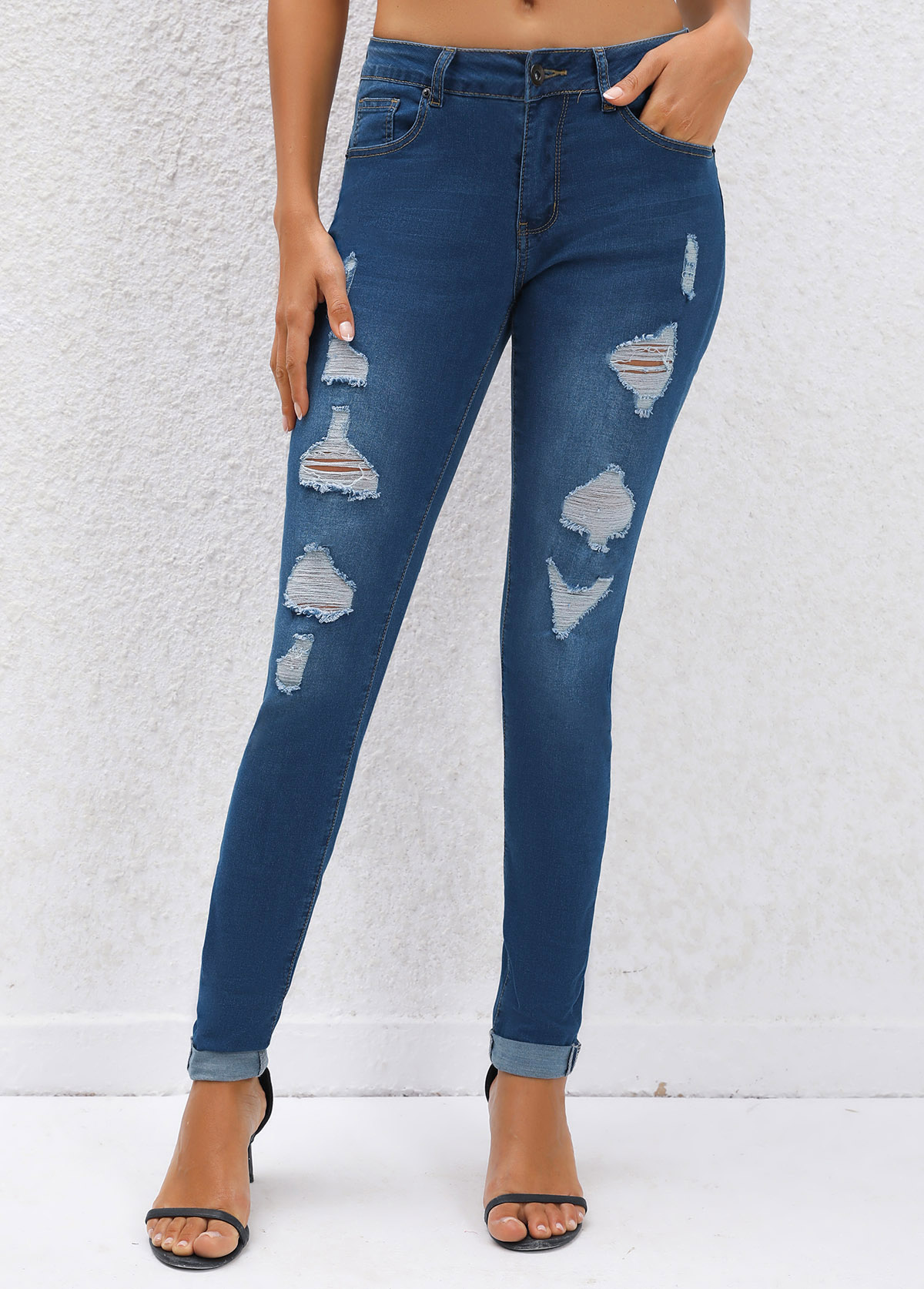 Button Fly Pocket Navy Jogger Mid Waisted Jeans