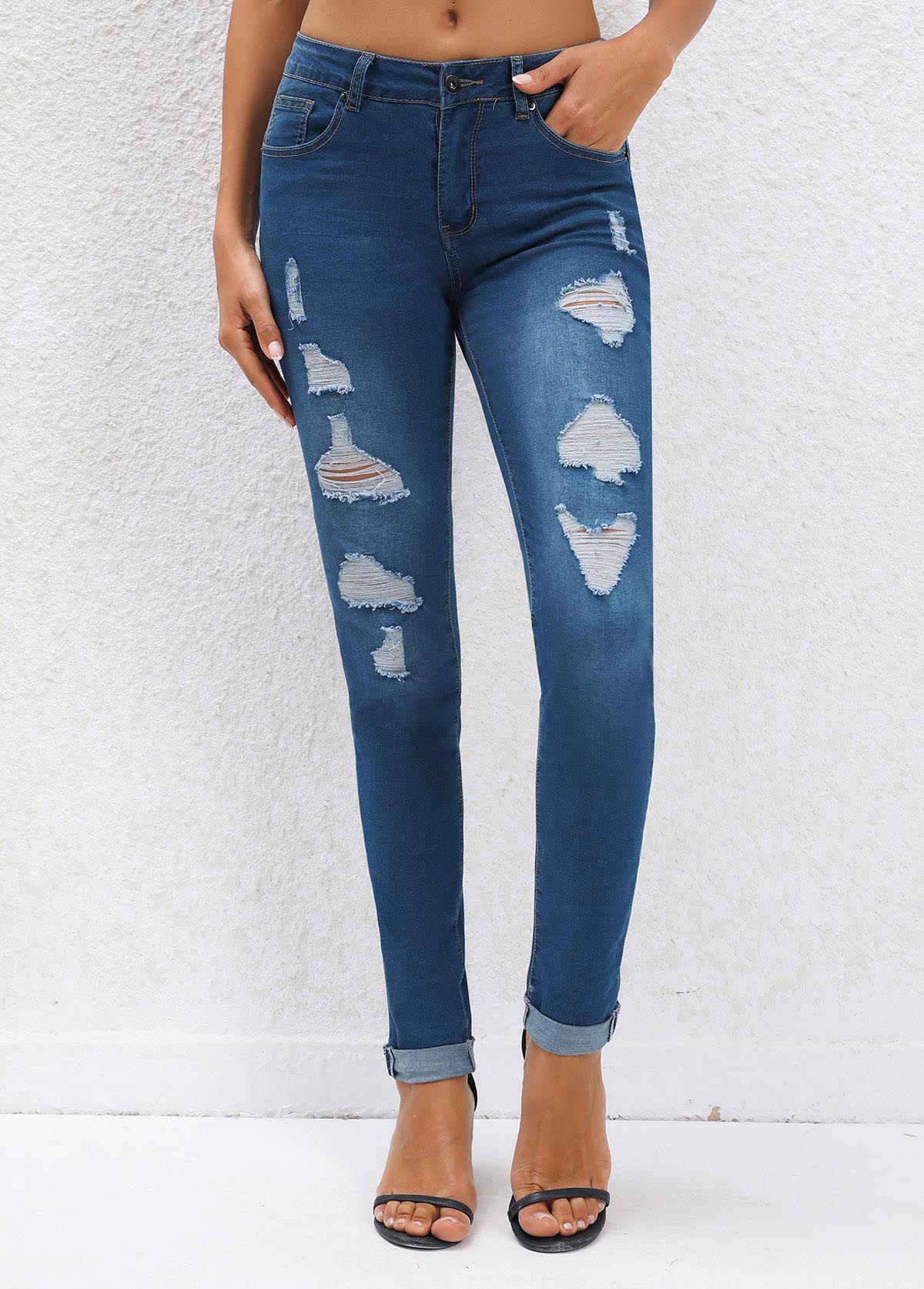 Button Fly Pocket Navy Jogger Mid Waisted Jeans