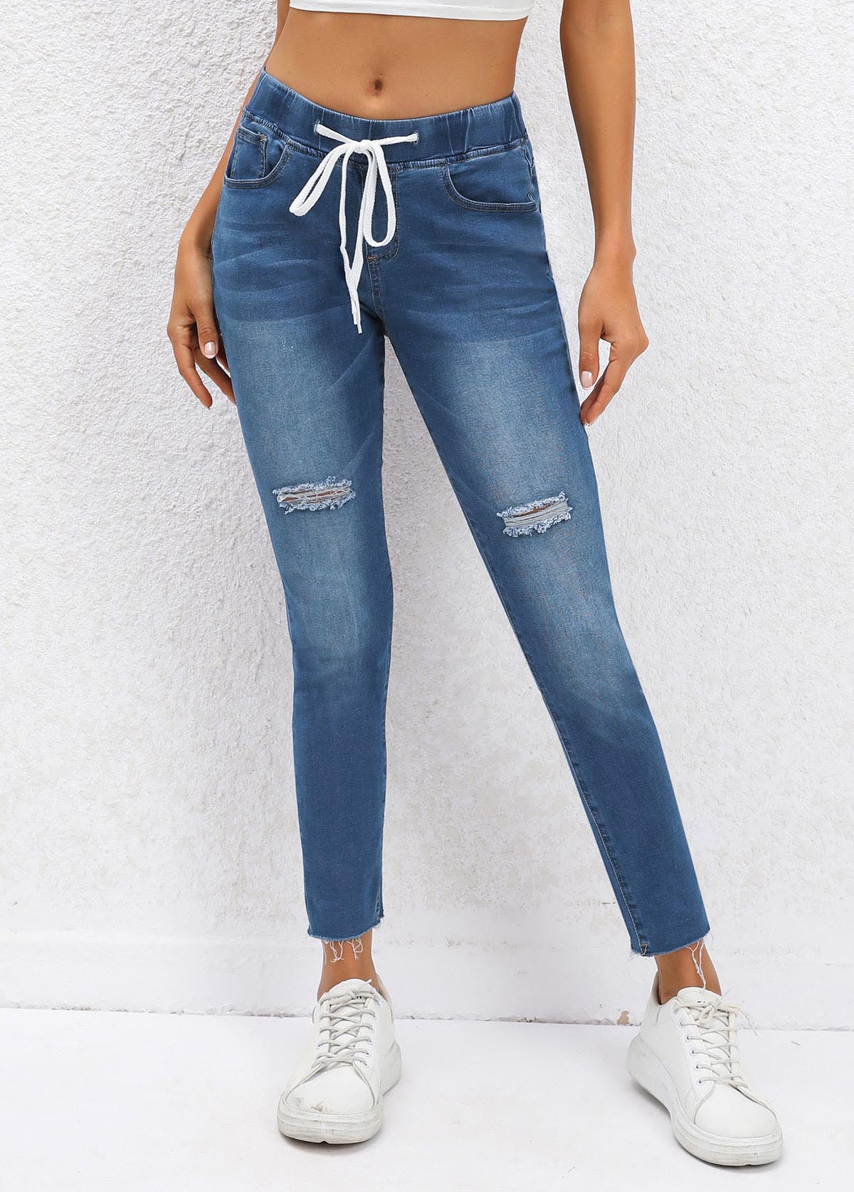Drawastring Pocket Dark Blue Skinny Mid Waisted Jeans