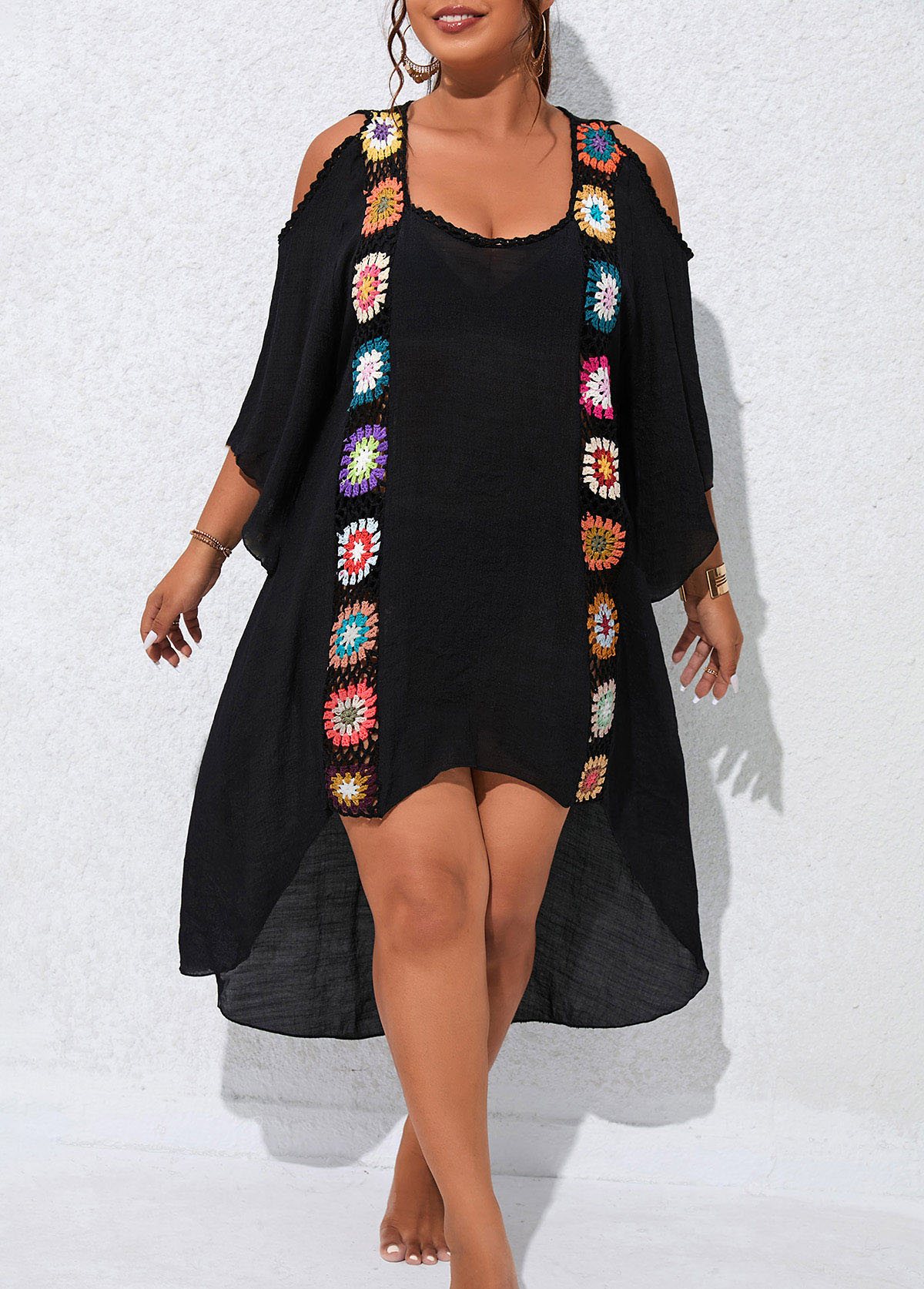 Black Patchwork Plus Size Weave Cover Up