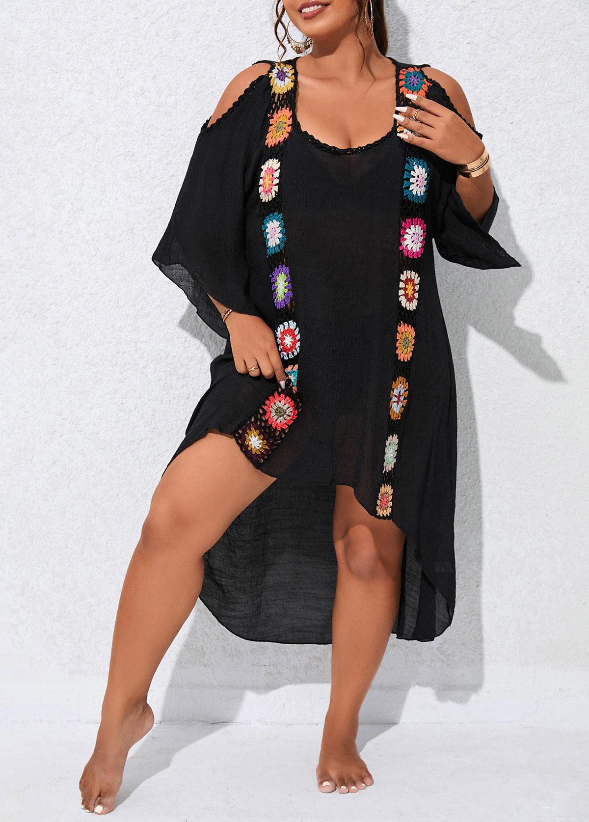 Black Patchwork Plus Size Weave Cover Up