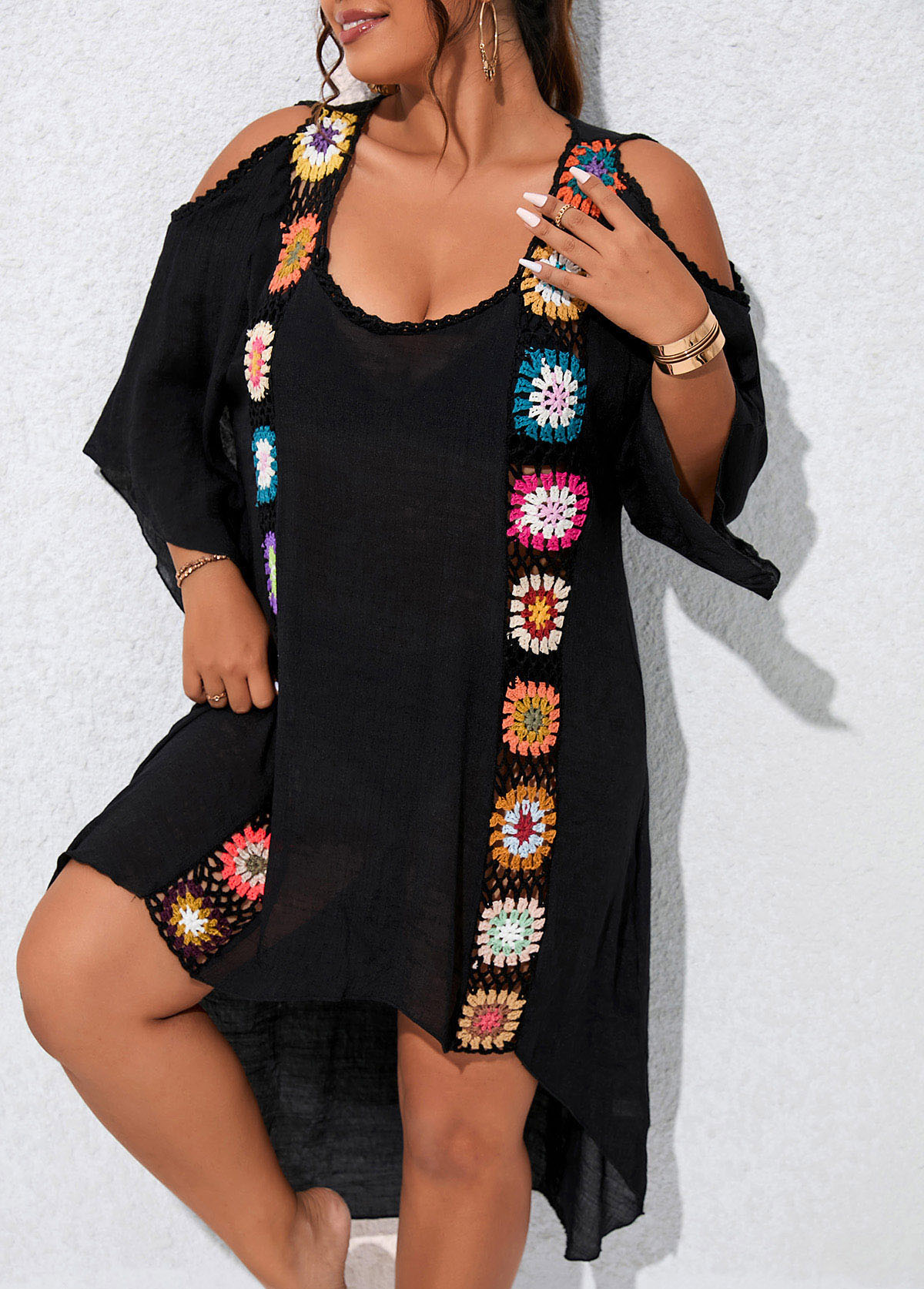 Black Patchwork Plus Size Weave Cover Up