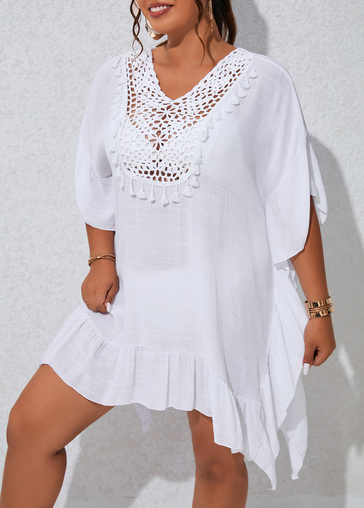 Patchwork White Plus Size Tassel Cover Up