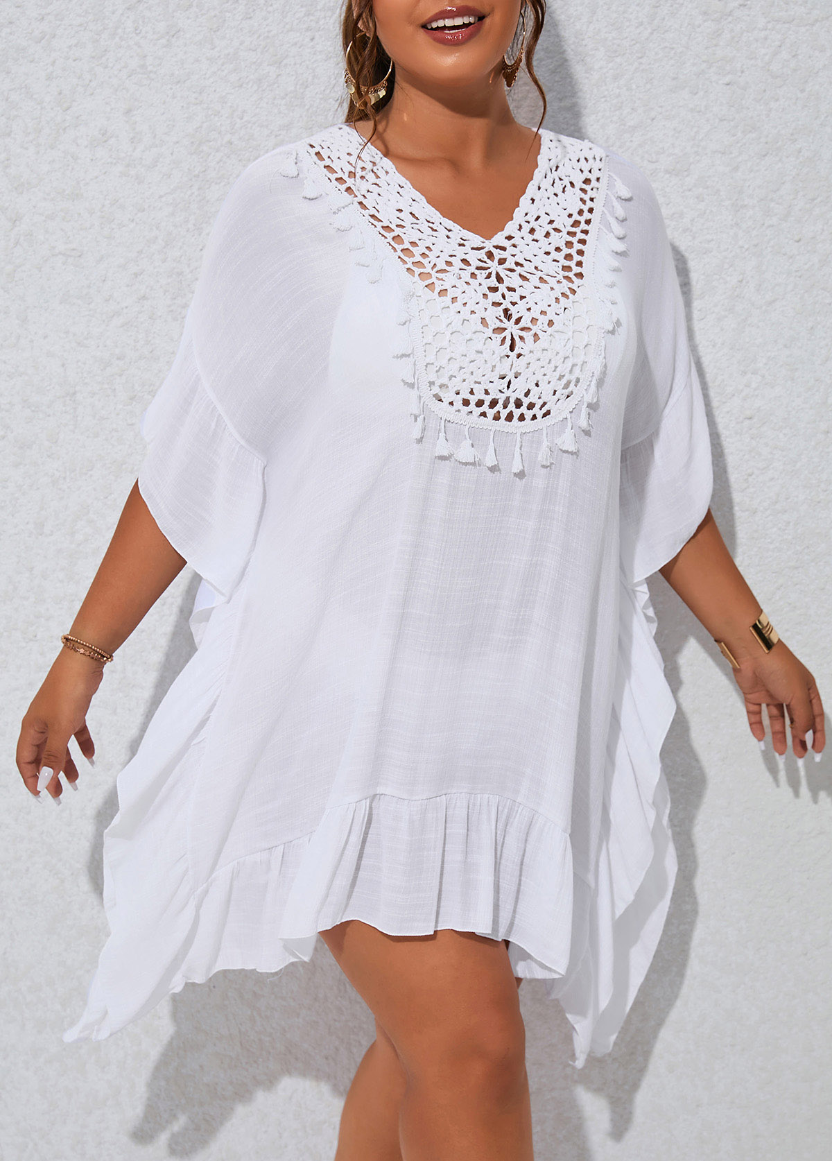 Patchwork White Plus Size Tassel Cover Up
