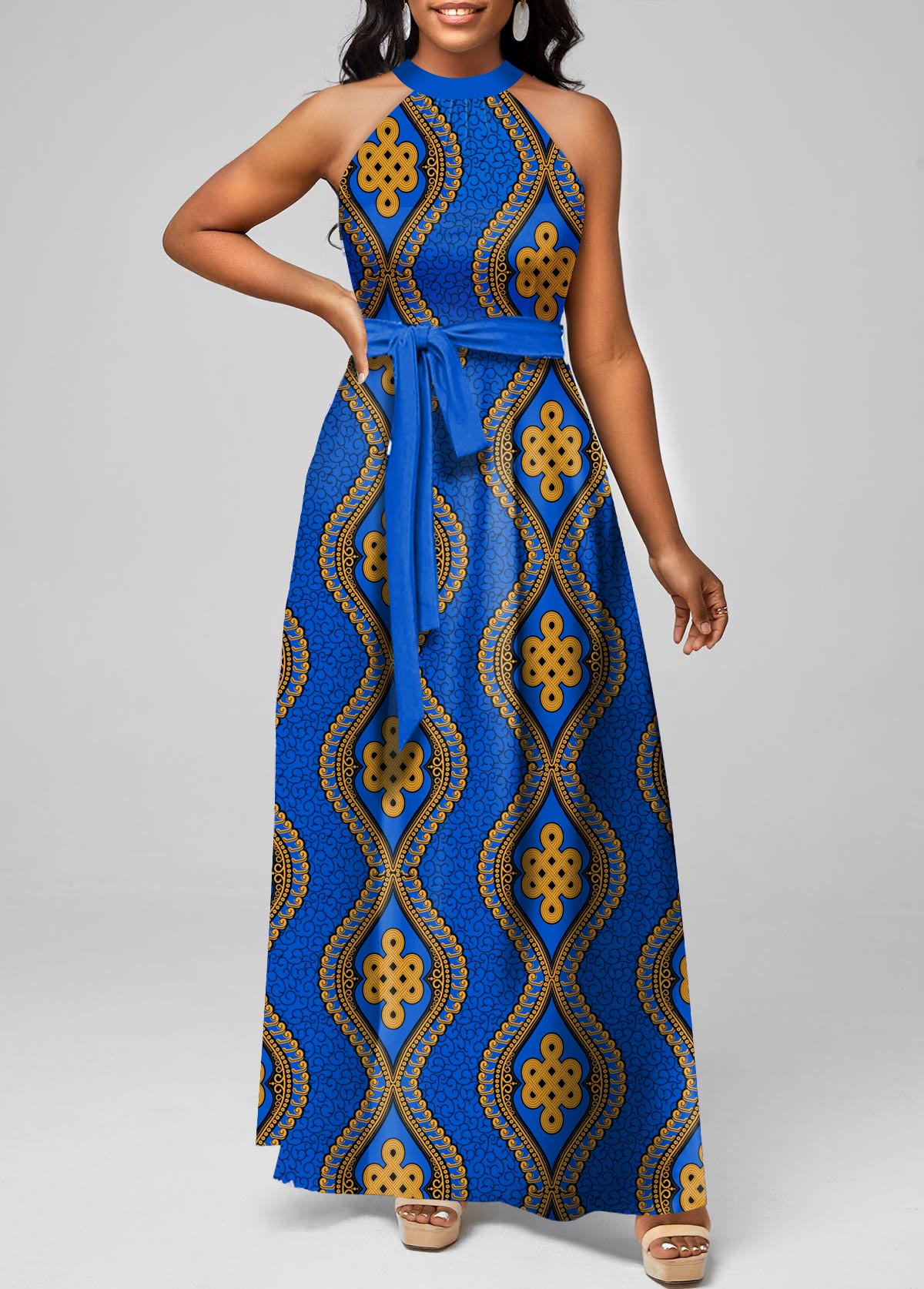Tribal Print Tie Belted Blue Maxi Dress