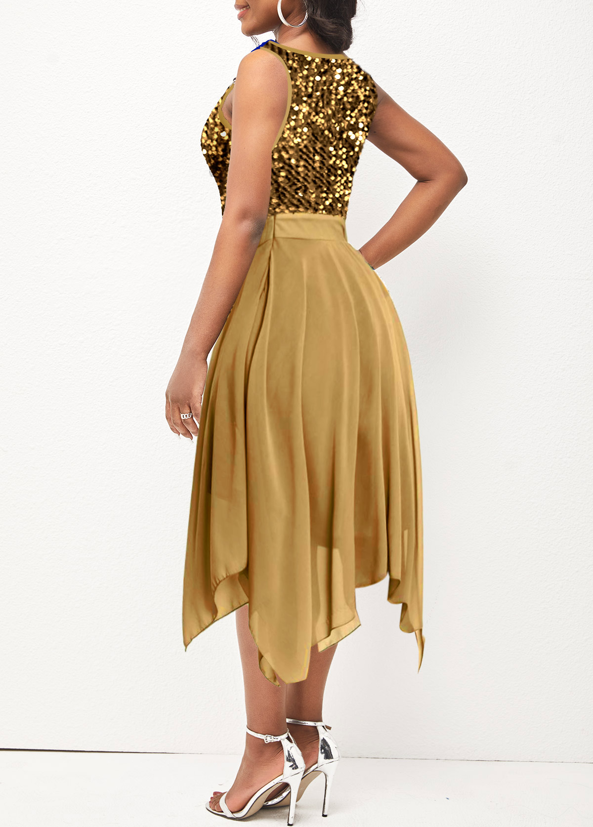 Golden V Neck Sleeveless Sequin Dress