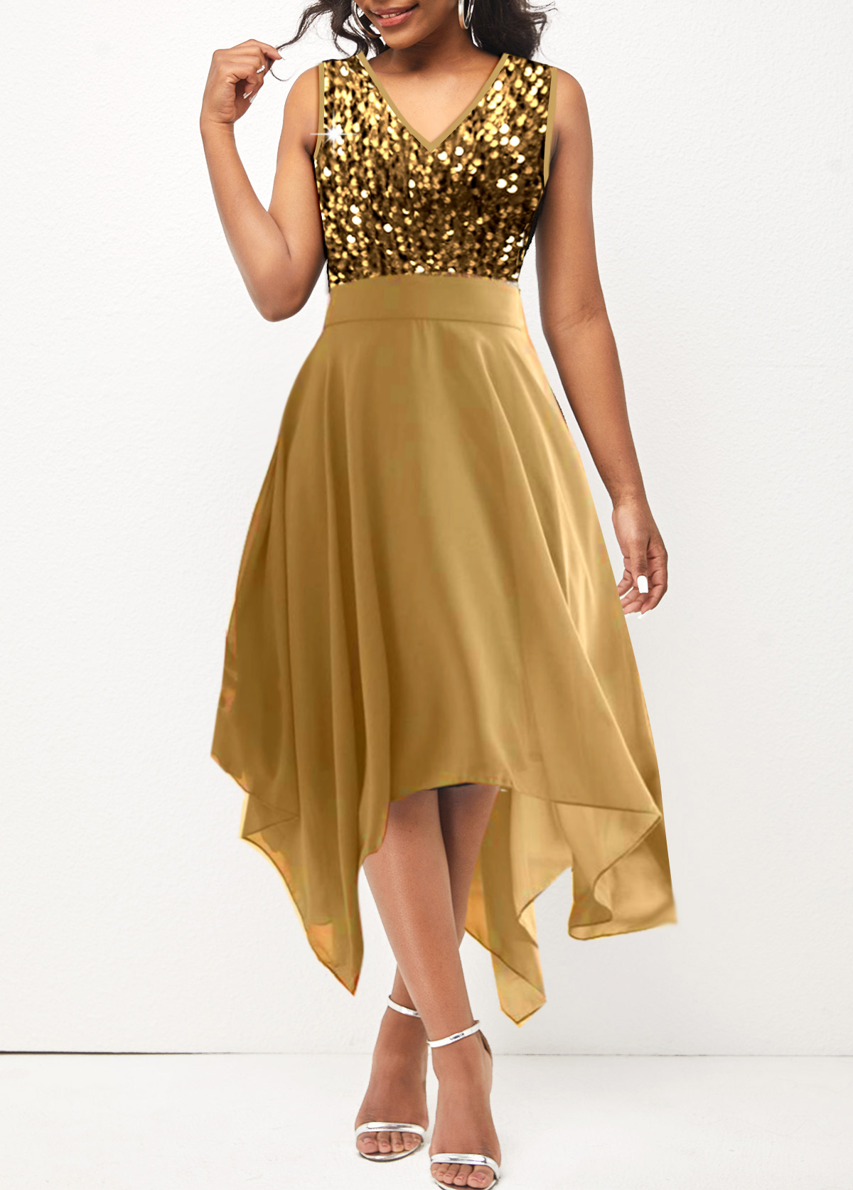 Golden V Neck Sleeveless Sequin Dress