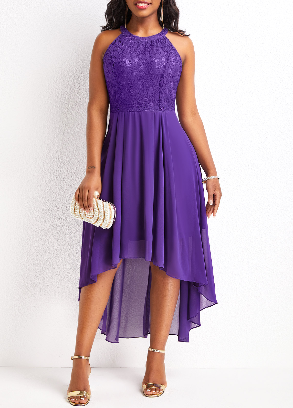 Round Neck Lace Purple High Low Sleeveless Dress | Rosewe.com - USD $39.98