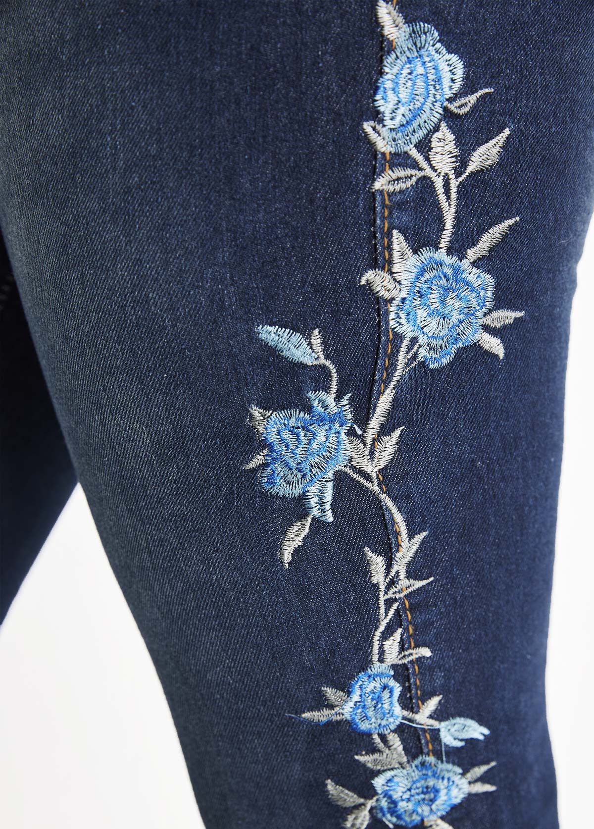 Floral Print Embroidery Denim Blue Skinny Zipper Fly Jeans