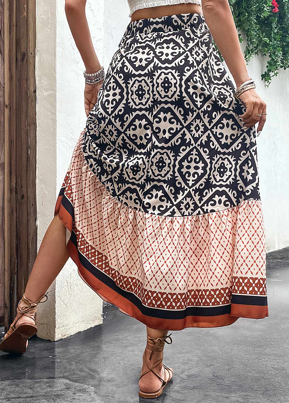 Tribal Print Patchwork Multi Color Maxi Skirt