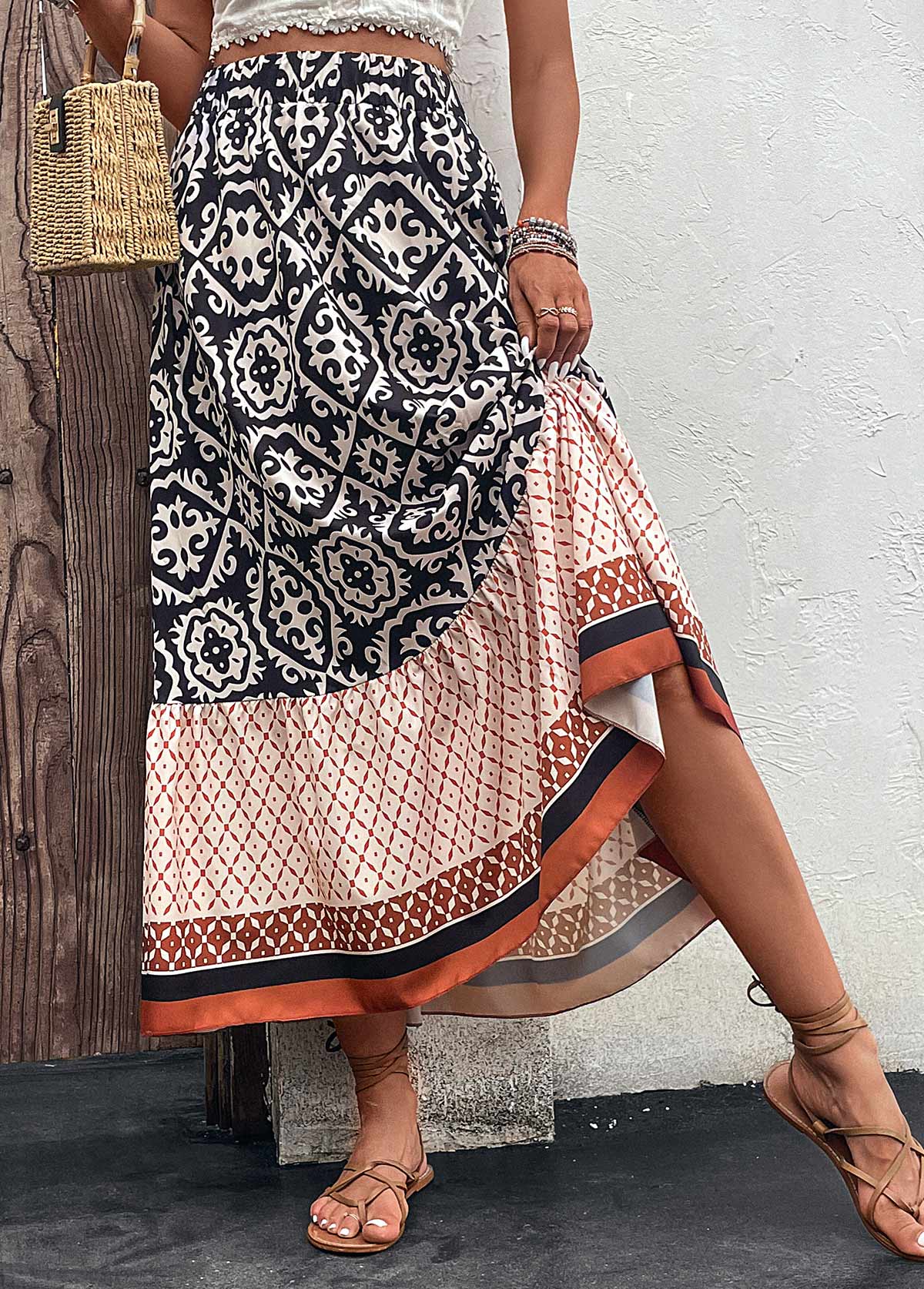 Tribal Print Patchwork Multi Color Maxi Skirt