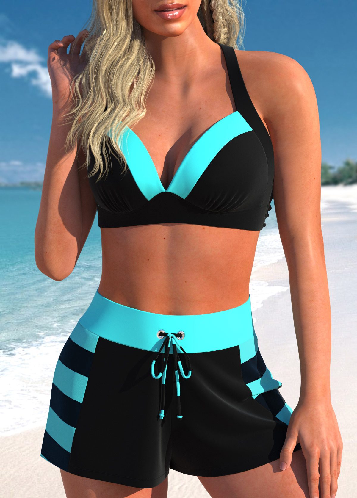 Plus Size High Waisted Black Striped Patchwork Bikini Set