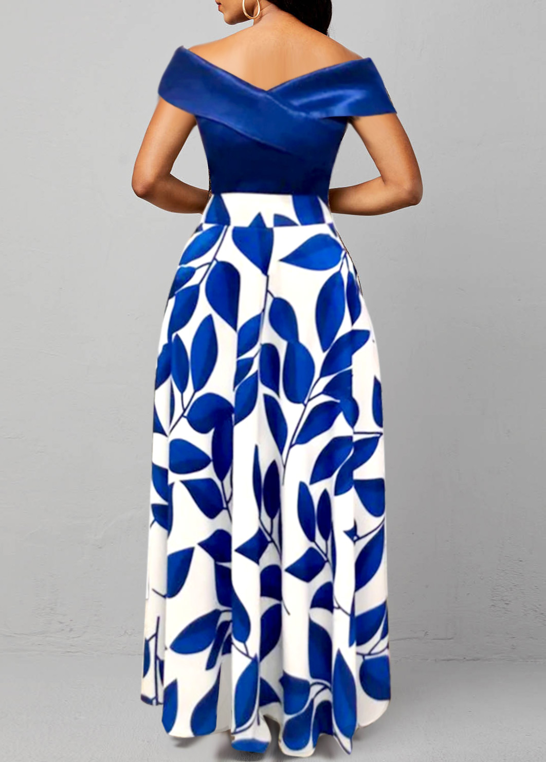 Leaf Print Surplice Dark Blue Maxi Dress
