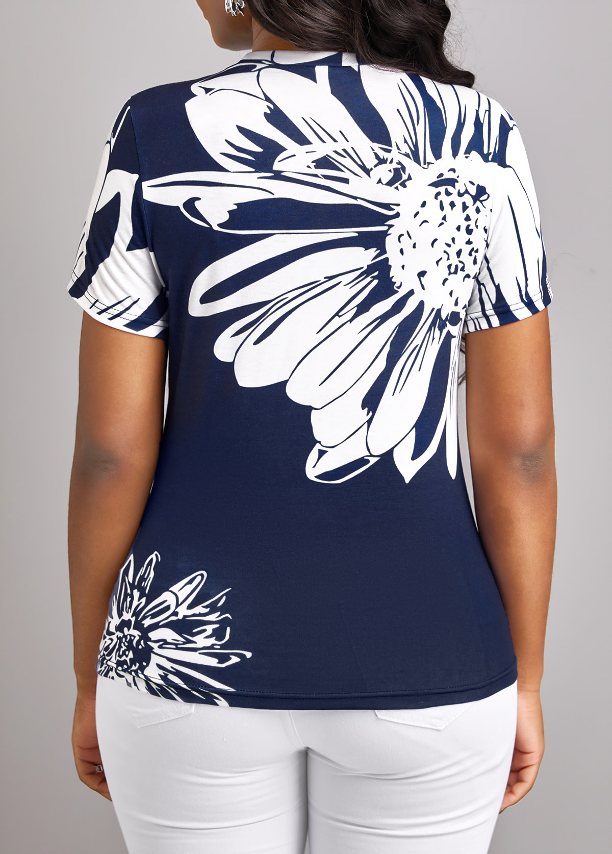 Floral Print Lightweight Navy Round Neck T Shirt