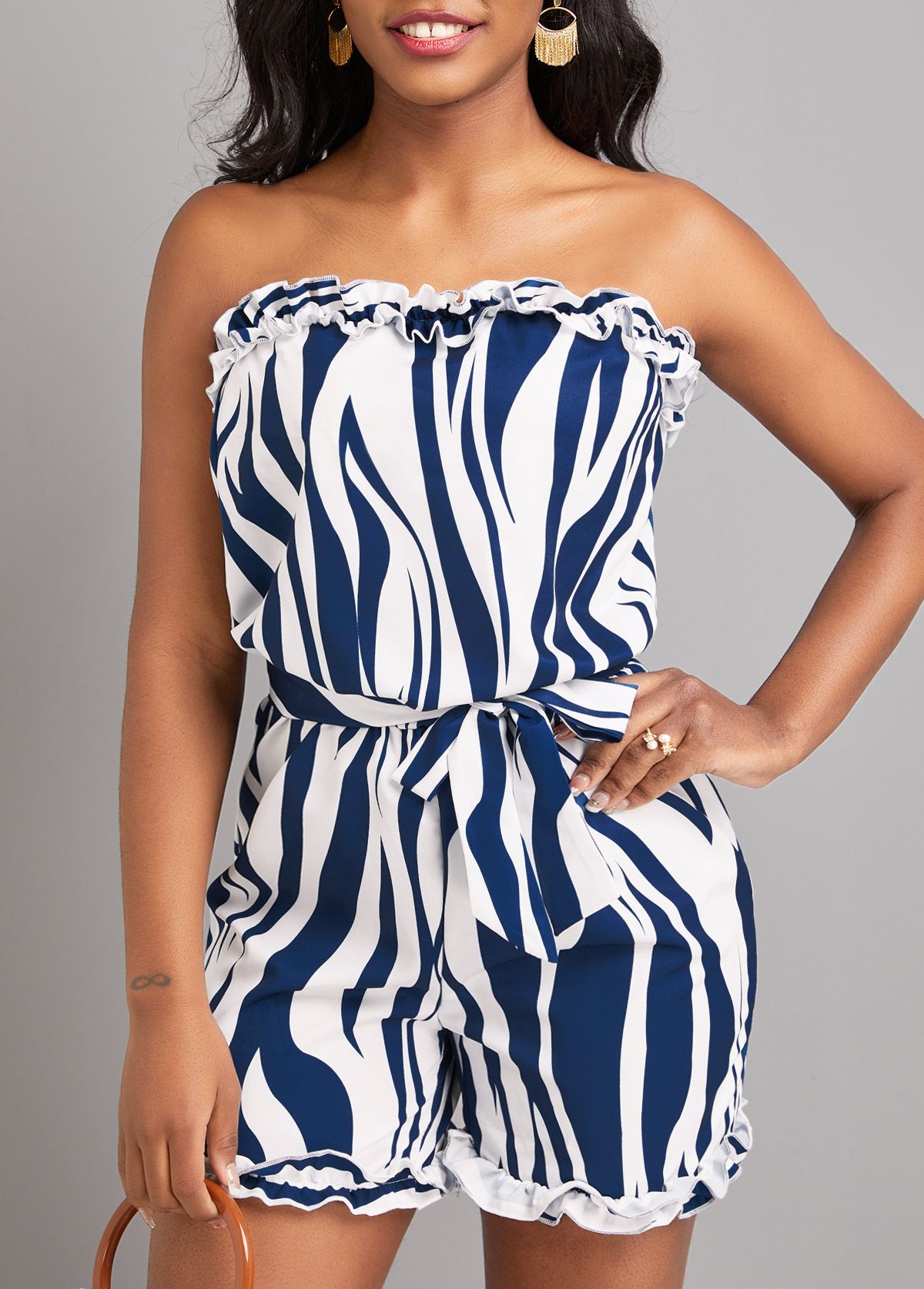 Striped Frill Belted Navy Short Bandeau Sleeveless Romper