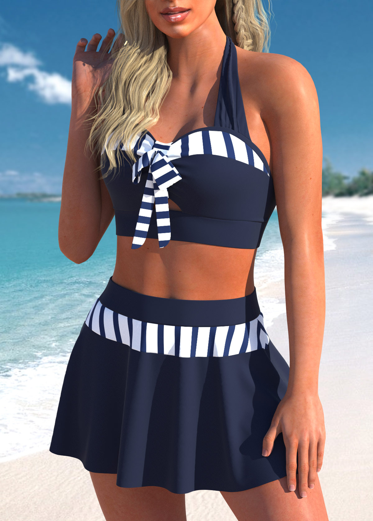 High Waisted Striped Patchwork Blue Bikini Set