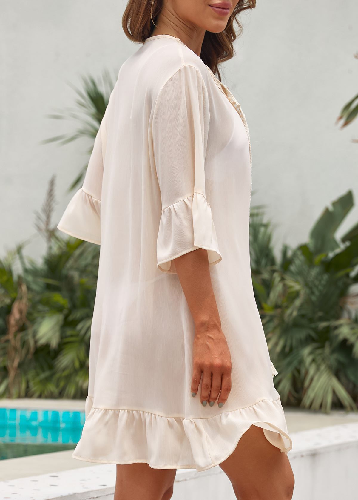 Patchwork Tassel Ruffle Beige Cover Up
