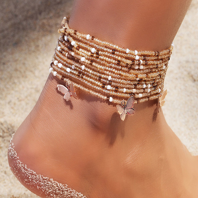 Beads Detail Layered Gold Butterfly Anklet Set