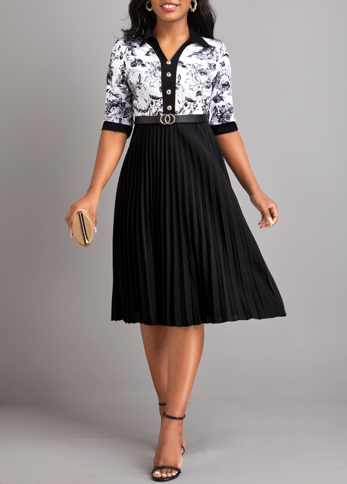 Floral Print Pleated Belted Black Shirt Collar Dress