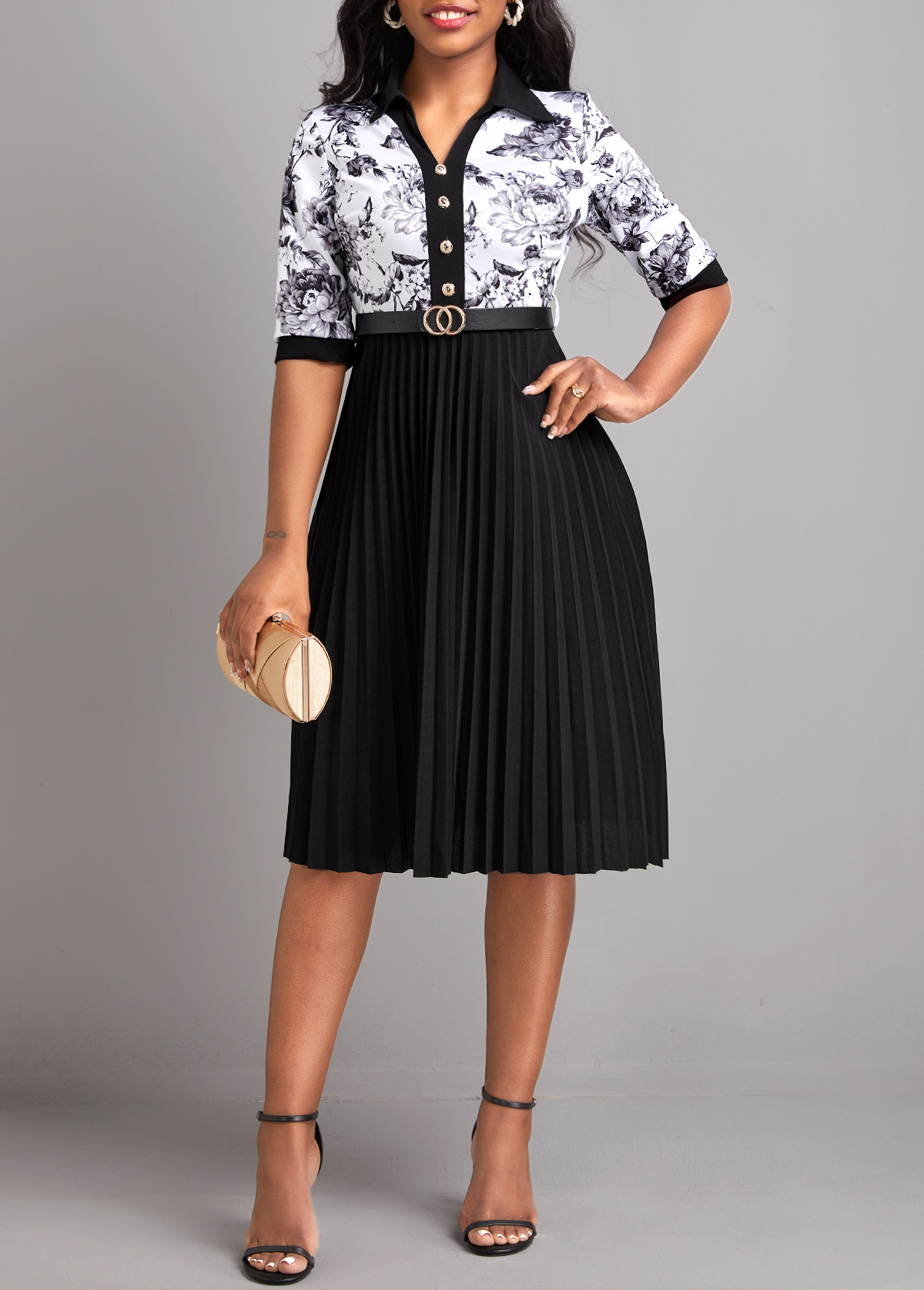 Floral Print Pleated Belted Black Shirt Collar Dress