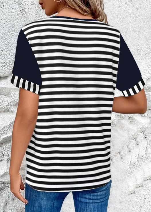 Striped Button Navy Round Neck T Shirt