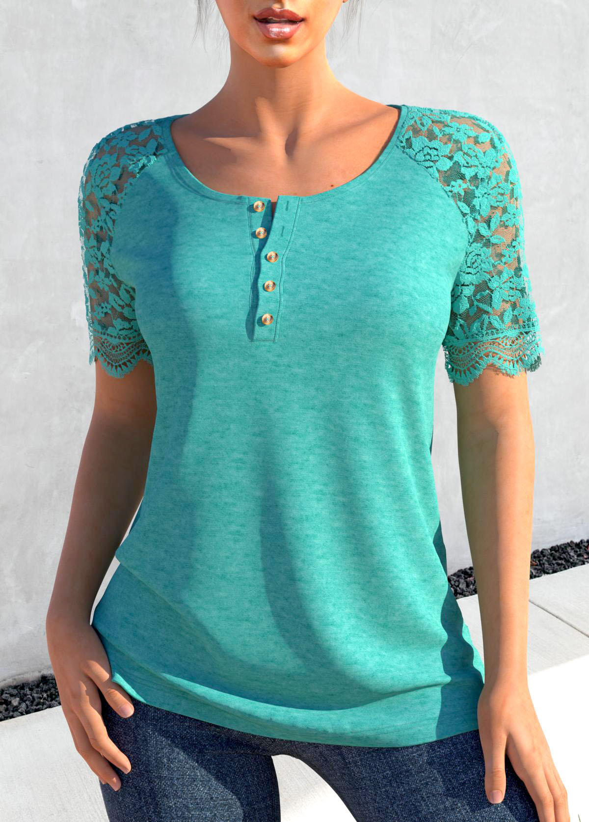 Lace Turquoise Round Neck Short Sleeve T Shirt