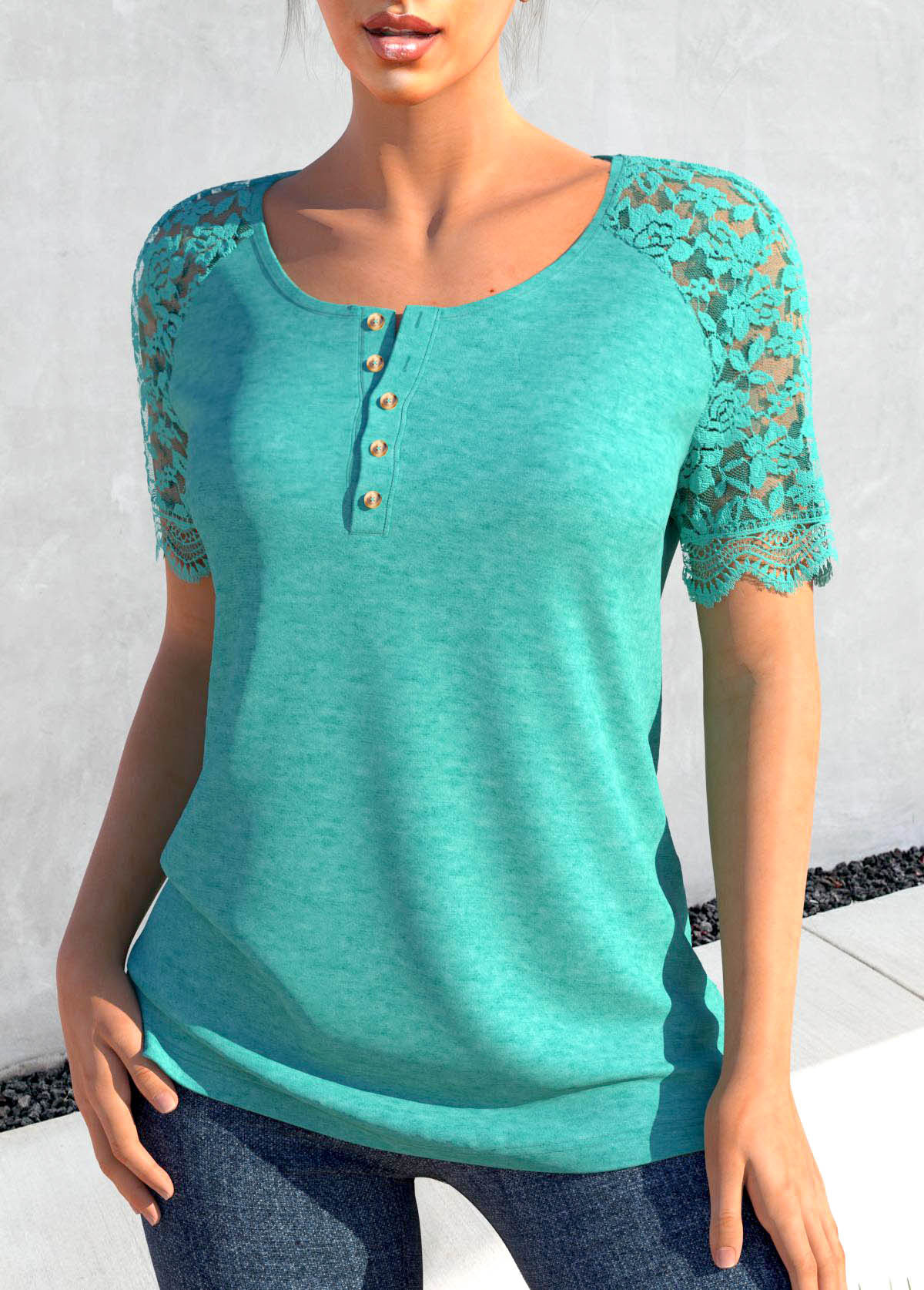 Lace Turquoise Round Neck Short Sleeve T Shirt
